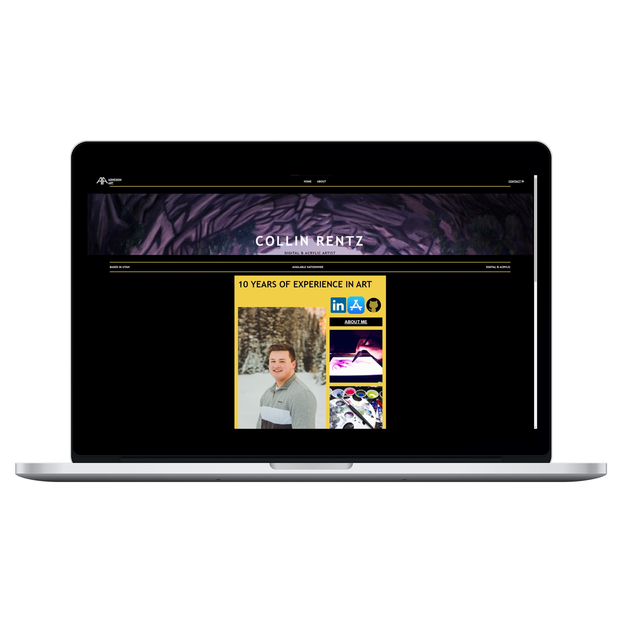 Artist portfolio displayed on a laptop mockup